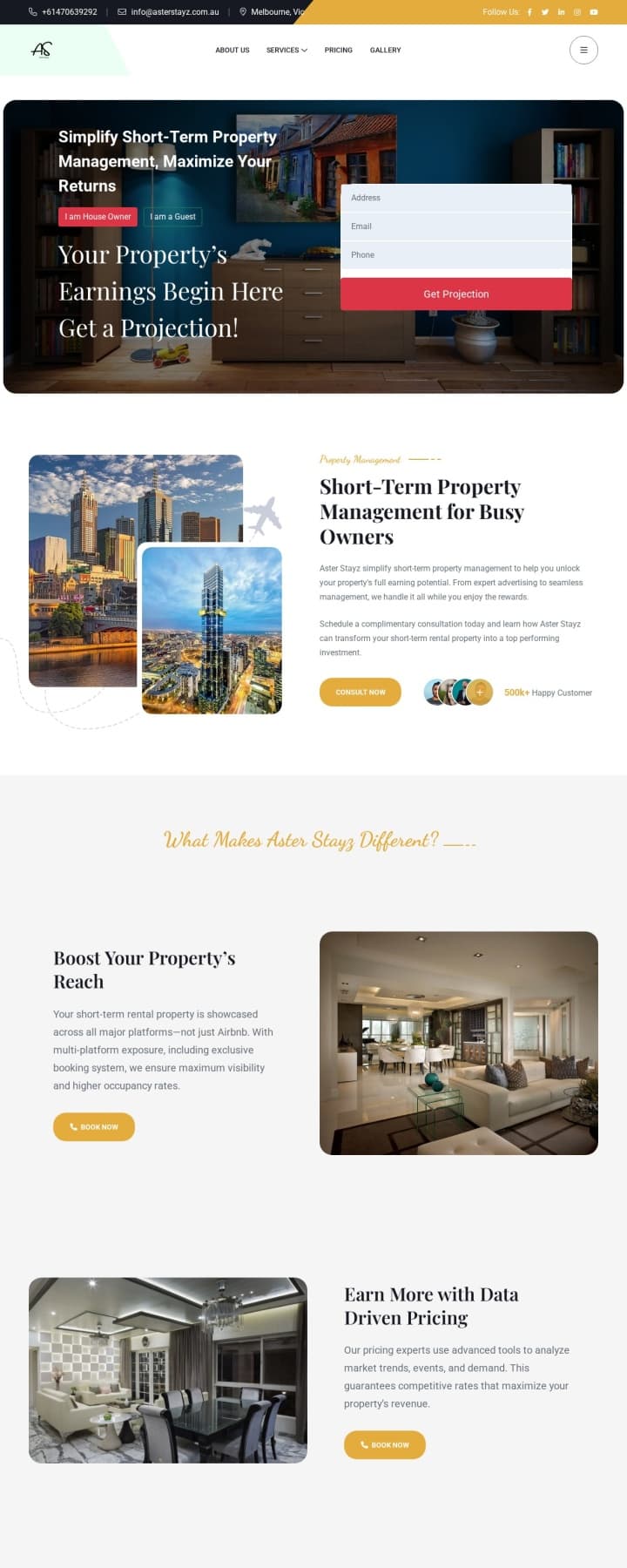 Aster Stayz website, home page