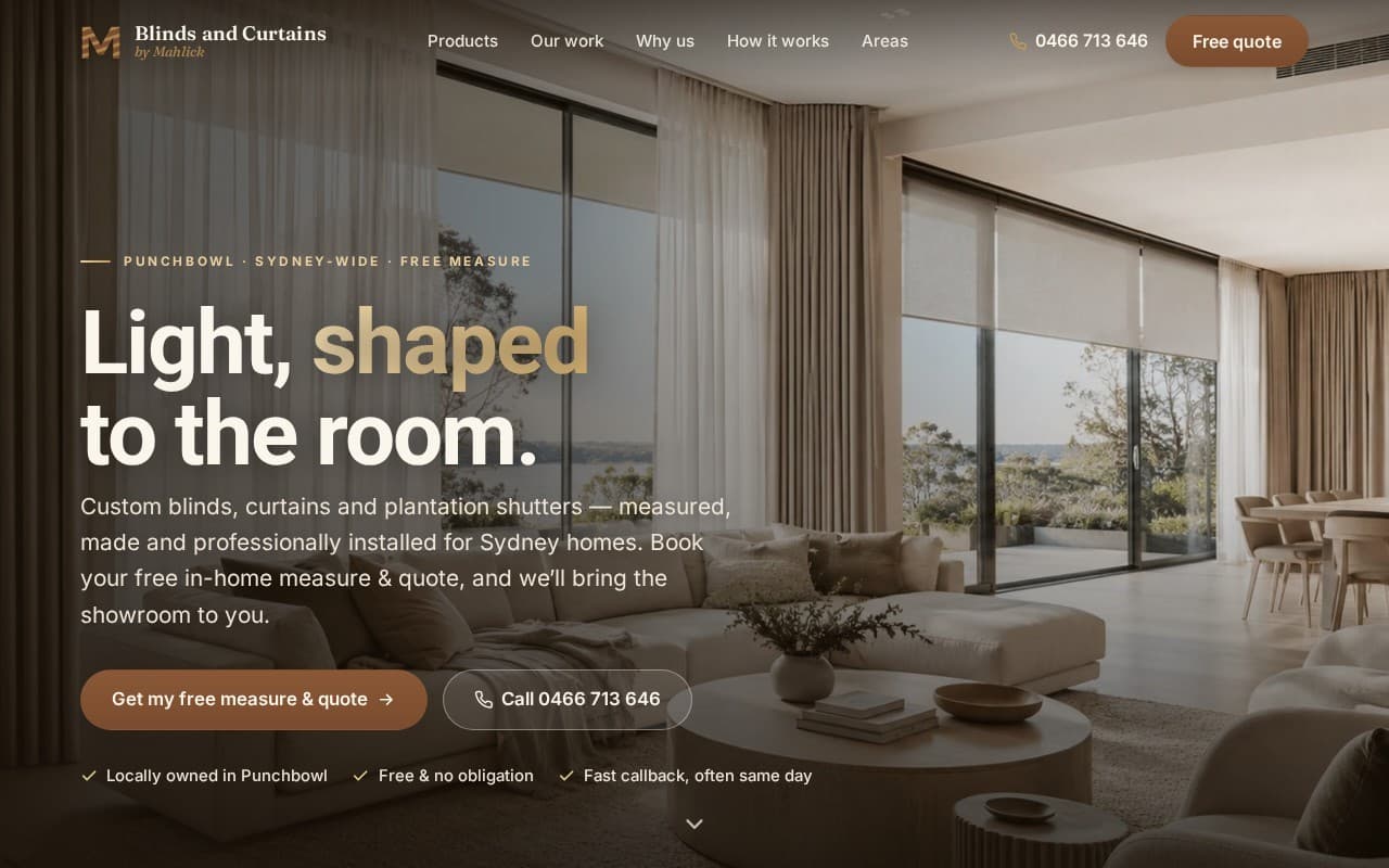 Blinds and Curtains by Mahlick website, home page