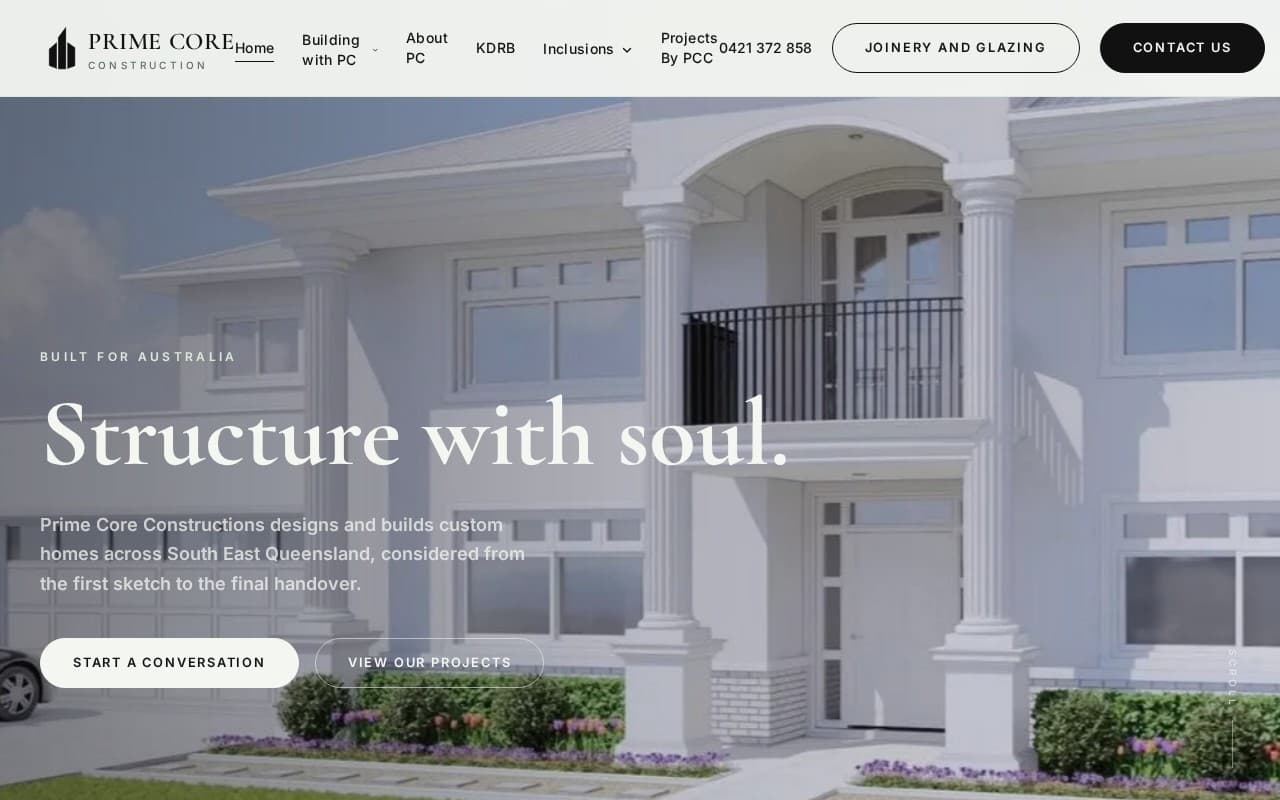 Prime Core Constructions website, home page