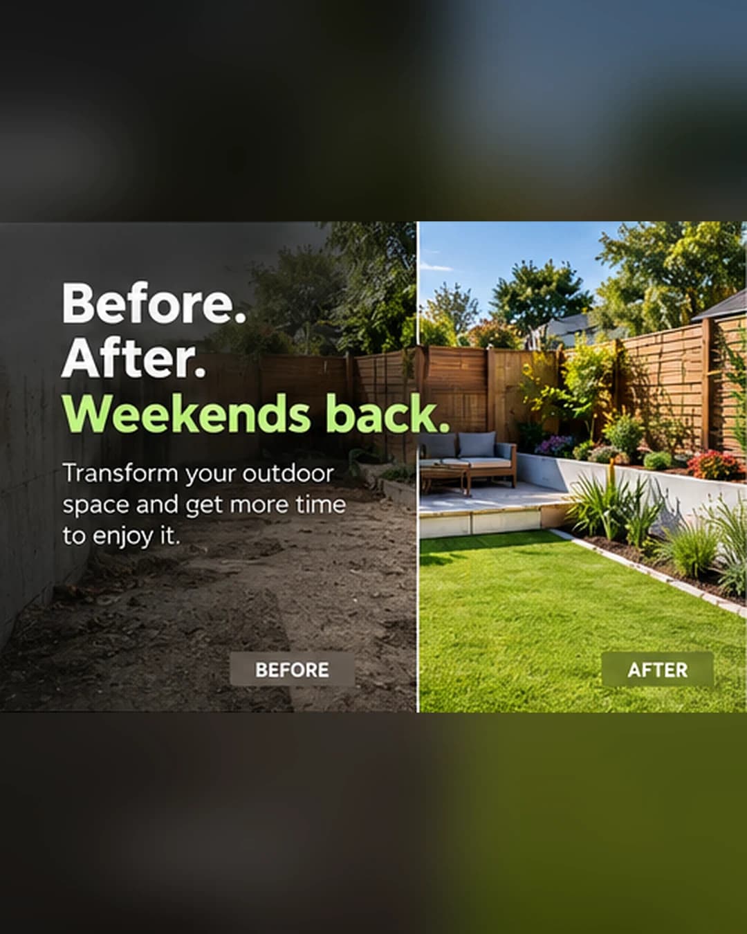 Landscaper social media post: Before. After. Weekends back.