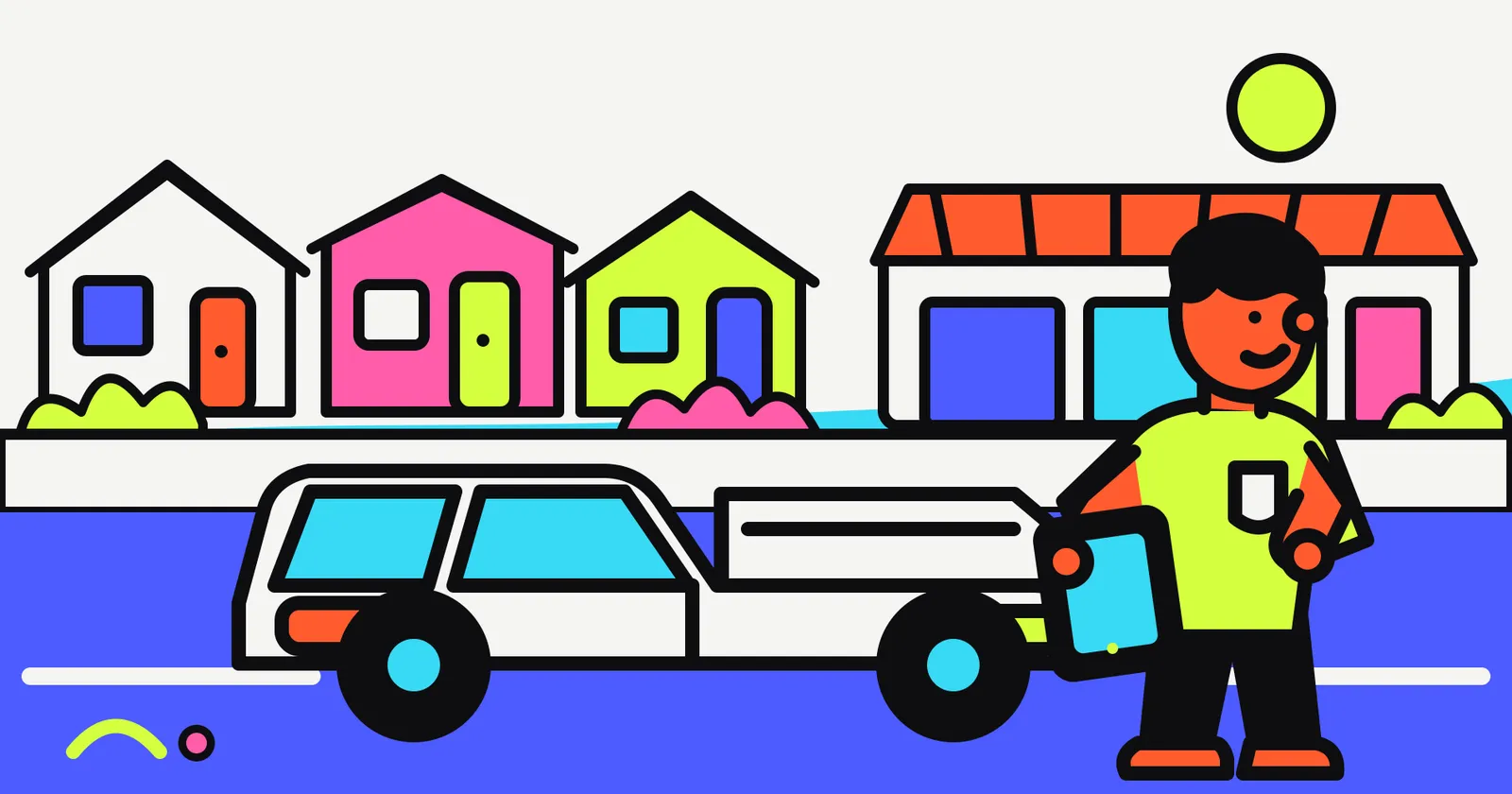 A tradie in a work shirt holding a tablet beside a white ute on a quiet suburban street, with houses and a small row of shops behind